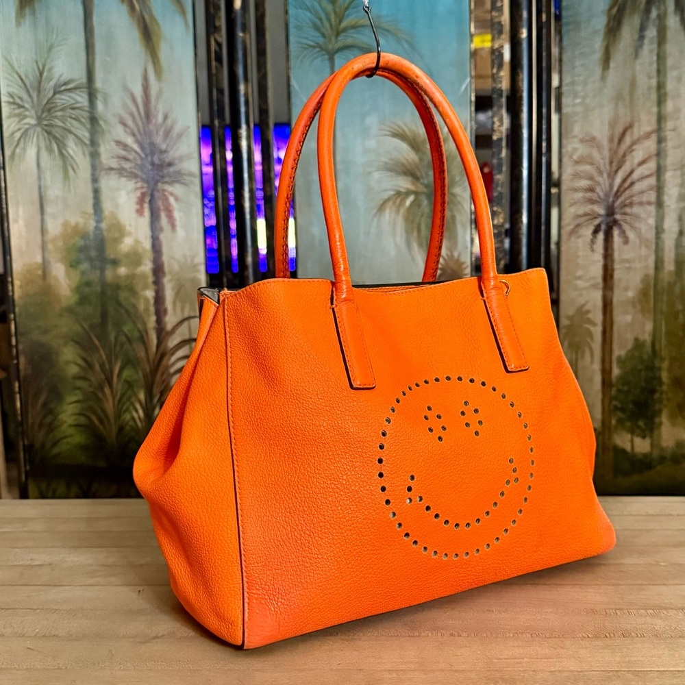 Anya Hindmarch Neon Orange Leather Featherweight Smiley Face Ebury Tote Bag - Picture 2 of 12